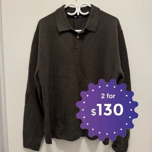 Zara 100% Wool Men's Dark Grey Polo Sweater